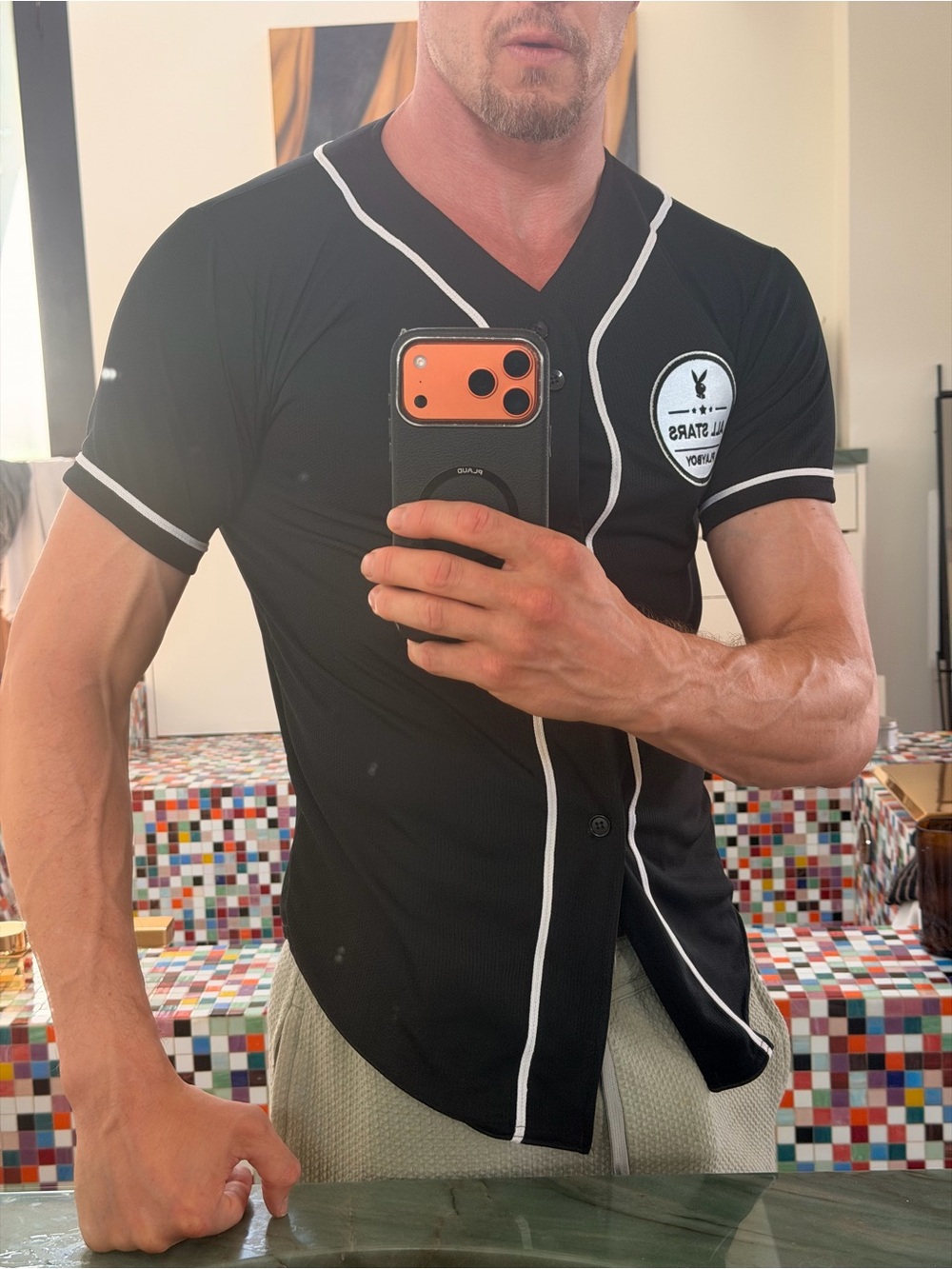 Playboy Black Baseball-Style Short Sleeve Shirt with White Piping
